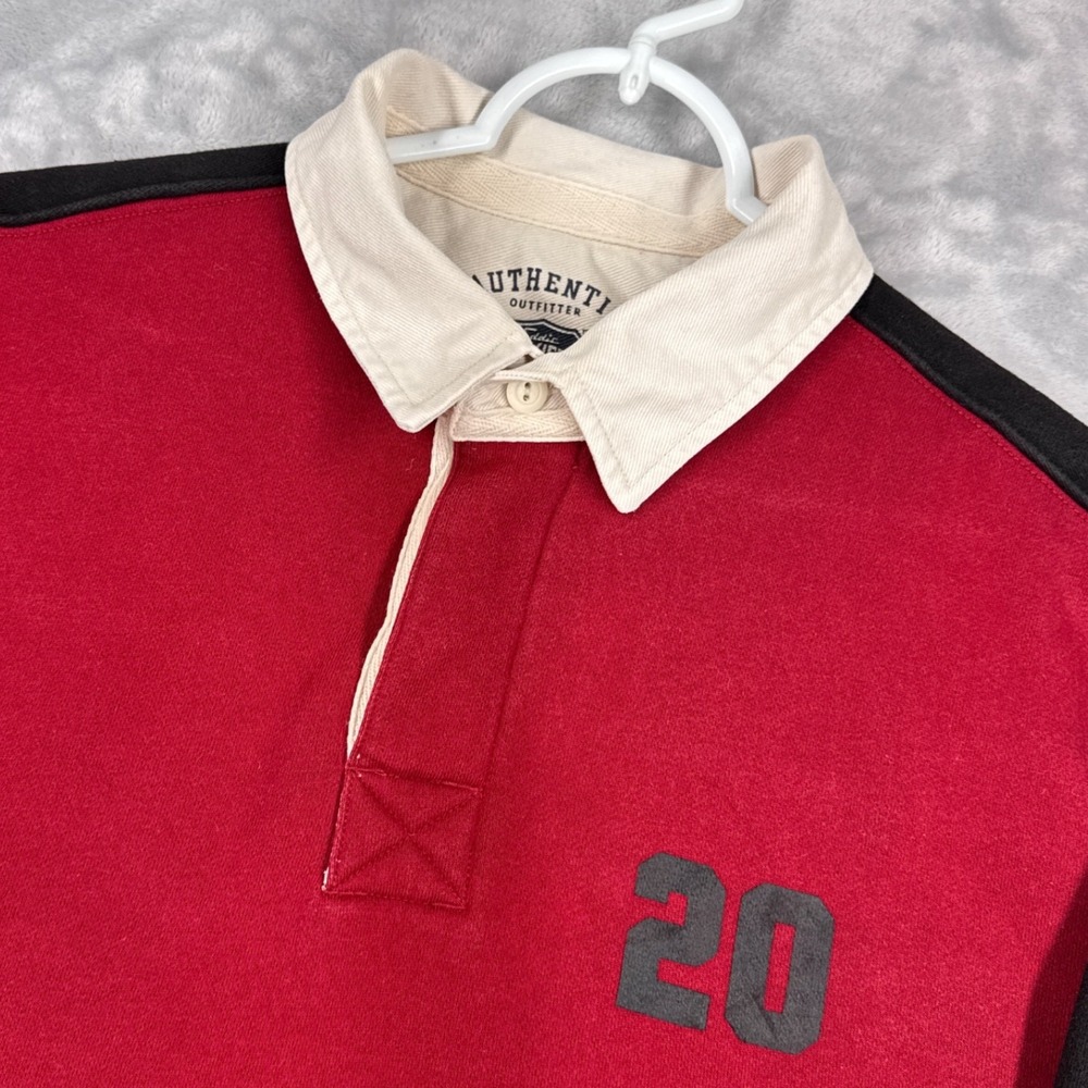 Vtg EDDIE BAUER Authentic Outfitter Fleece Rugby Shirt Men L Red Black Spell Out